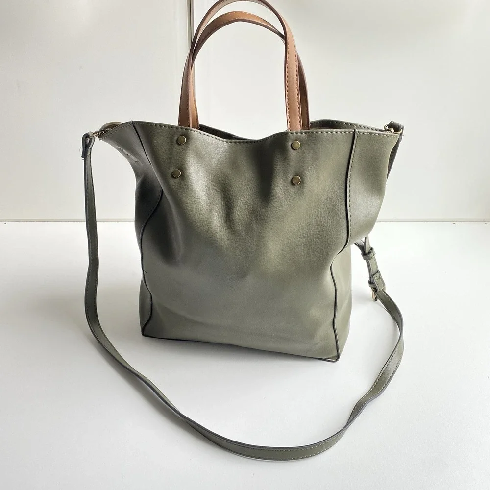 Olive Green Faux‎ Leather Tote Handbag Brown Handles Matching Shoulder Strap